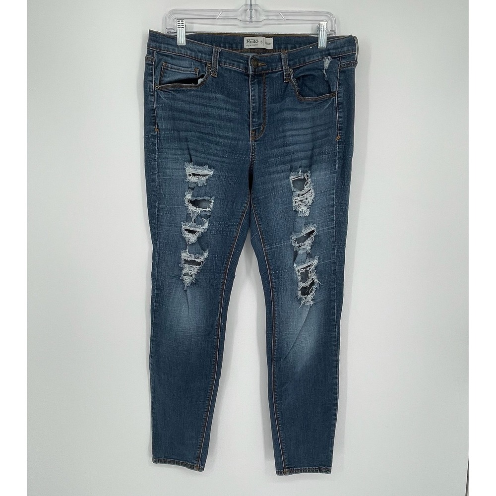 Mudd Women's Blue Distressed Shredded Stretch Skinny Denim Jeans Size 15 Juniors